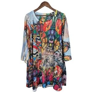 Et Lois Top Womens Large Artsy Abstract Art Print Soft Stretch Knit Tunic